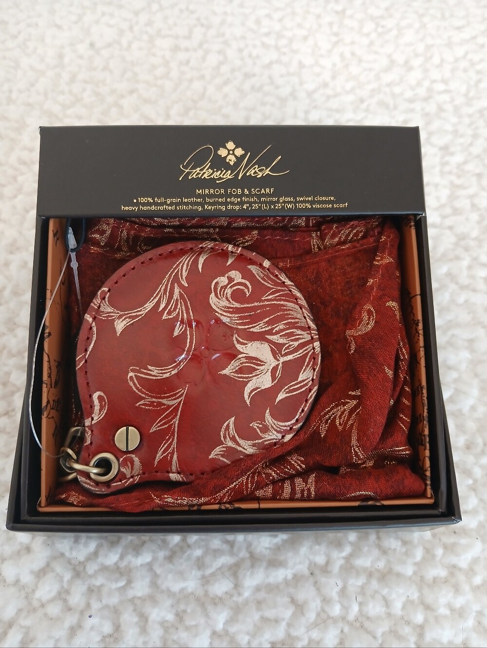 Patricia Nash Western Wallpaper Ruby Red Leather Mirror Fob and Scarf Set NIB
